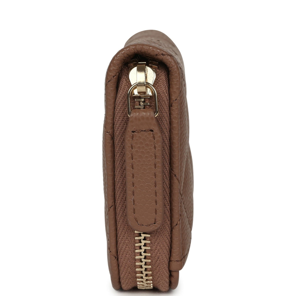 Chanel Classic Zipped Coin Purse Wallet Brown Shiny Caviar Light Gold Hardware