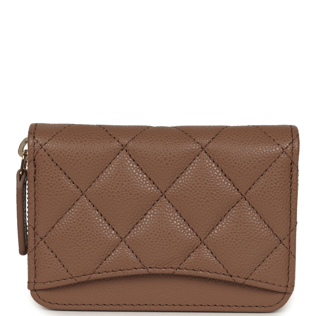 Chanel Classic Zipped Coin Purse Wallet Brown Shiny Caviar Light Gold Hardware