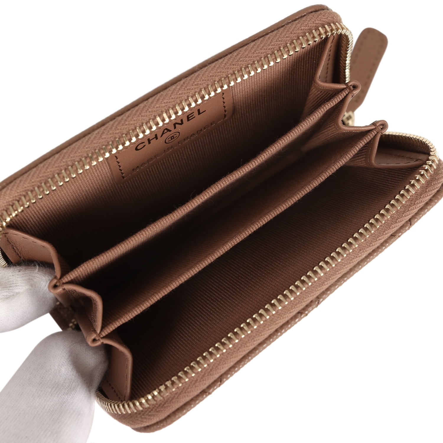 Chanel Classic Zipped Coin Purse Wallet Brown Shiny Caviar Light Gold Hardware