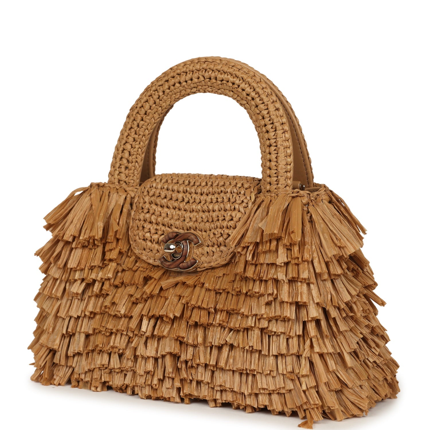 Chanel Small Fringe Kelly Dark Beige Raffia Wood and Light Gold Hardware