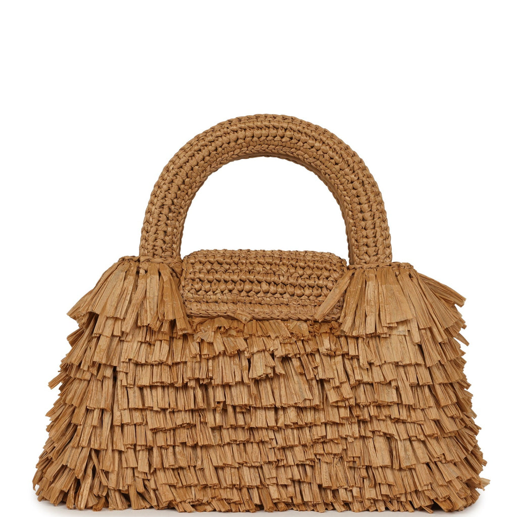 Chanel Small Fringe Kelly Dark Beige Raffia Wood and Light Gold Hardware