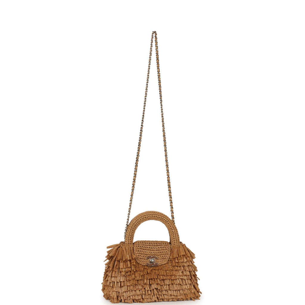Chanel Small Fringe Kelly Dark Beige Raffia Wood and Light Gold Hardware