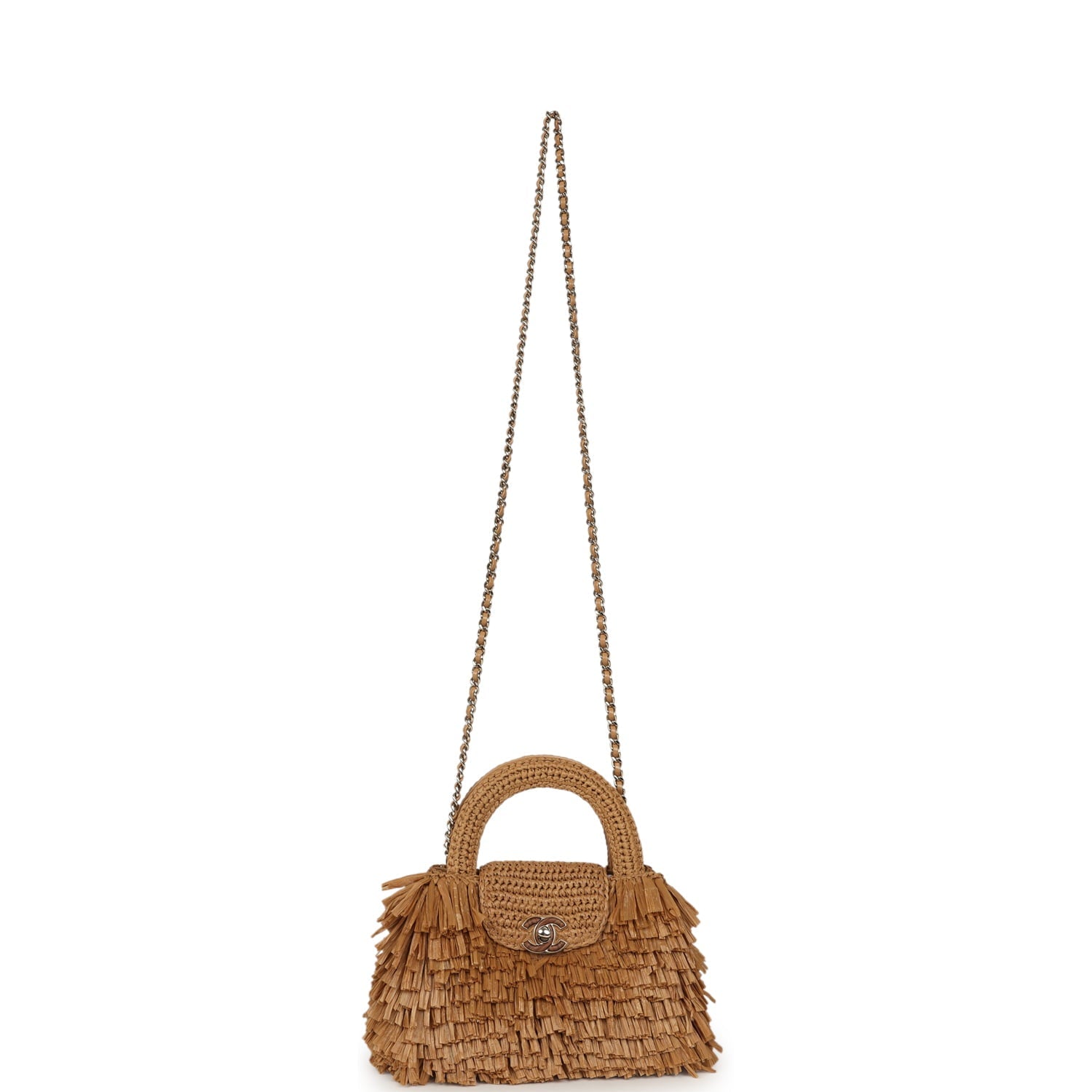 Chanel Small Fringe Kelly Dark Beige Raffia Wood and Light Gold Hardware