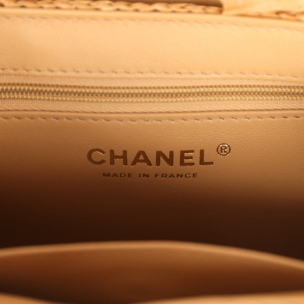 Chanel Small Fringe Kelly Dark Beige Raffia Wood and Light Gold Hardware
