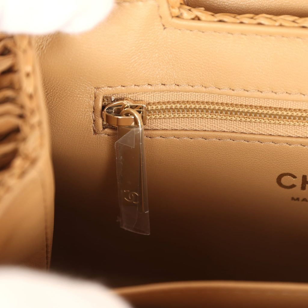 Chanel Small Fringe Kelly Dark Beige Raffia Wood and Light Gold Hardware
