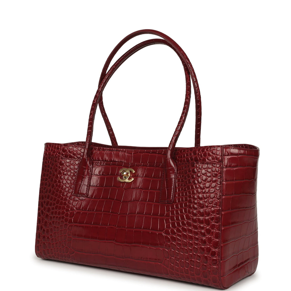 Chanel Small Cerf Shopping Bag Burgundy Croc Embossed Calfskin Gold Hardware