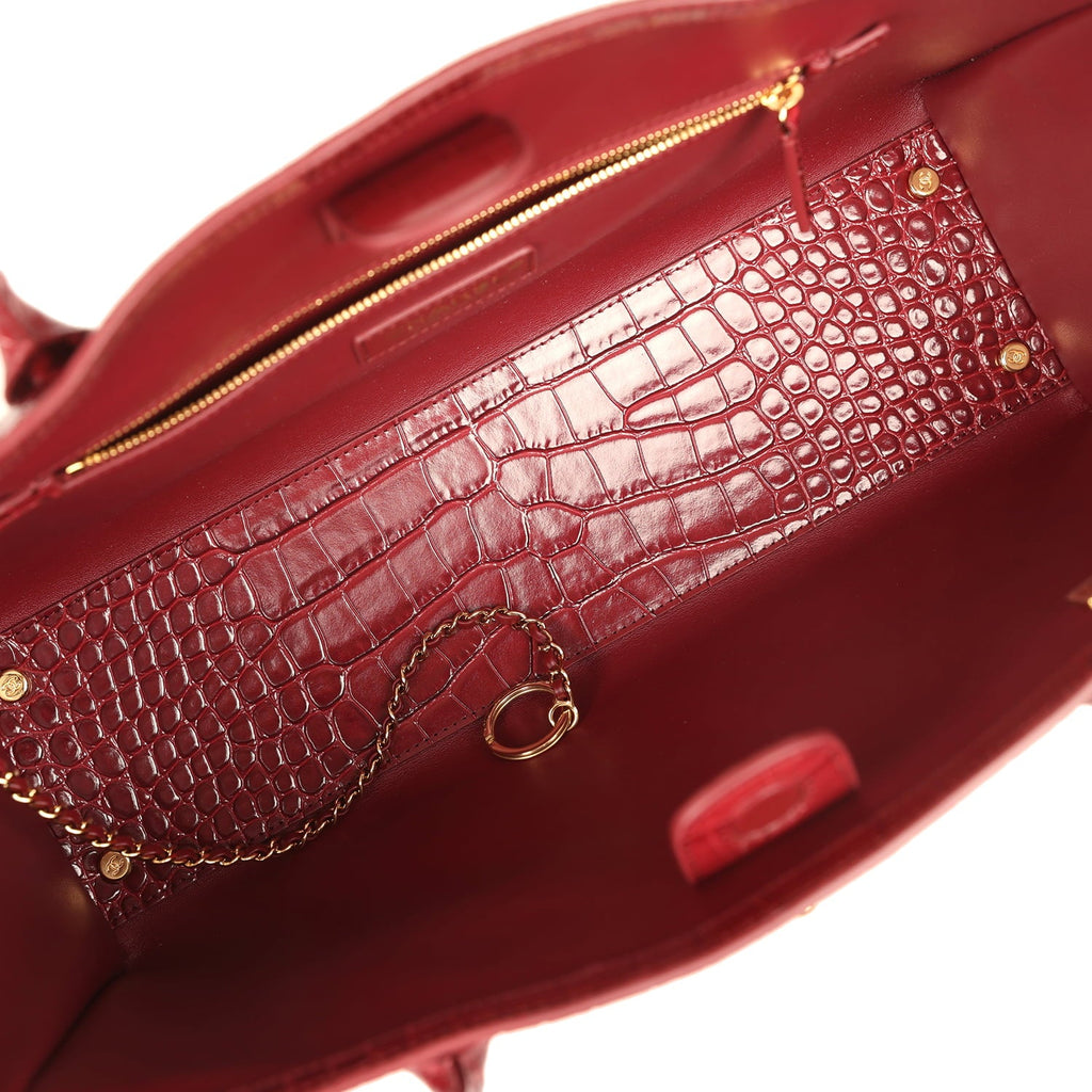 Chanel Small Cerf Shopping Bag Burgundy Croc Embossed Calfskin Gold Hardware