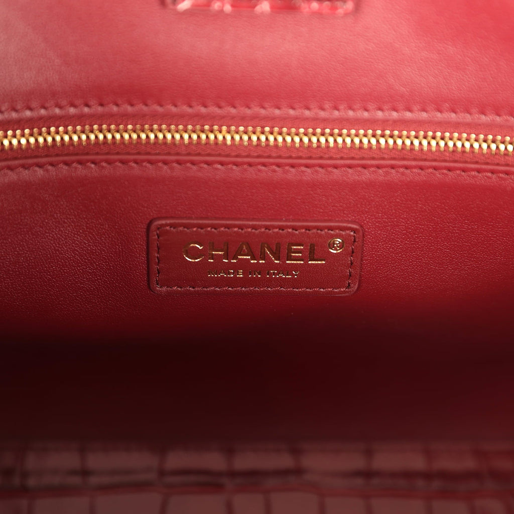 Chanel Small Cerf Shopping Bag Burgundy Croc Embossed Calfskin Gold Hardware