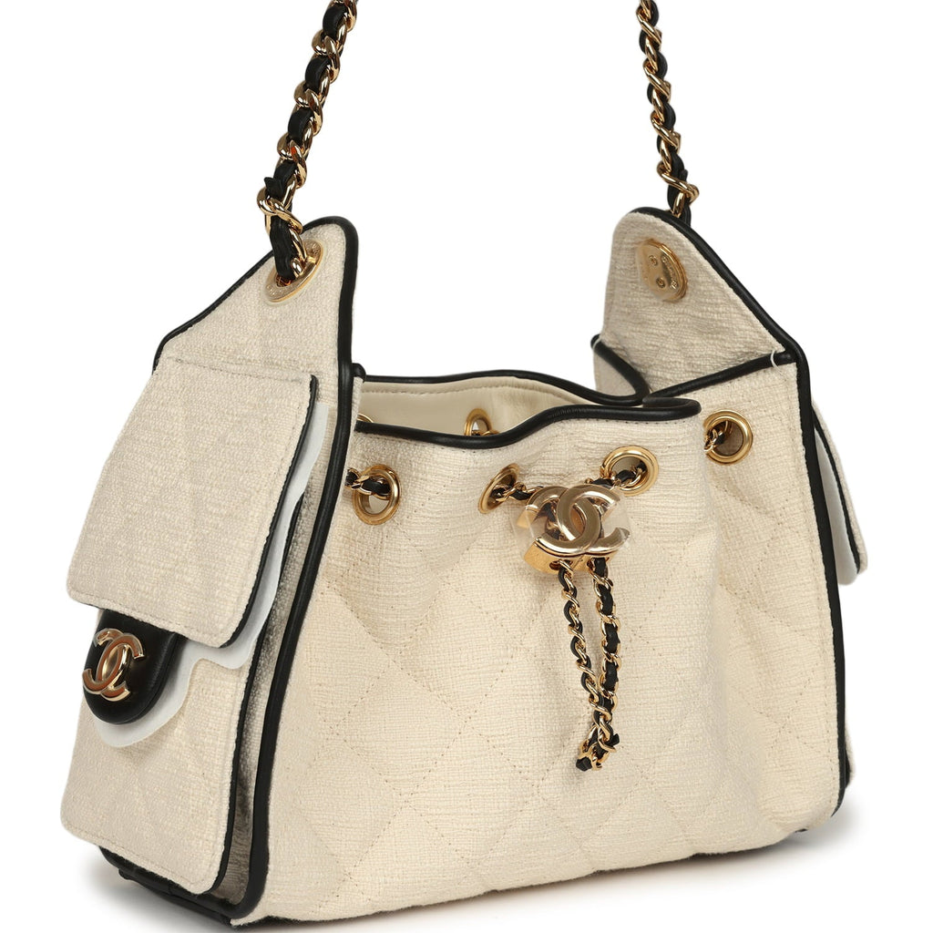 Chanel Mini 25 Hobo Bag Ecru Canvas and Black Calfskin Gold Hardware