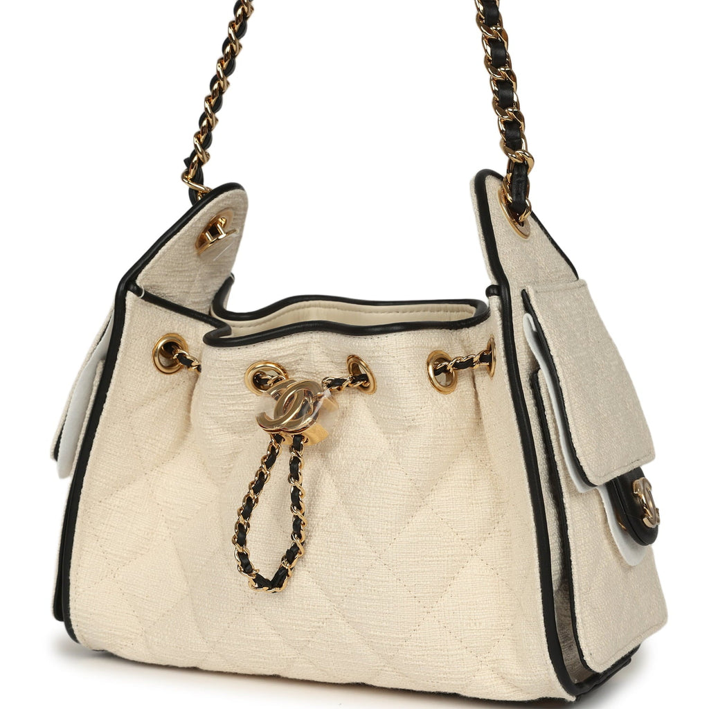 Chanel Mini 25 Hobo Bag Ecru Canvas and Black Calfskin Gold Hardware