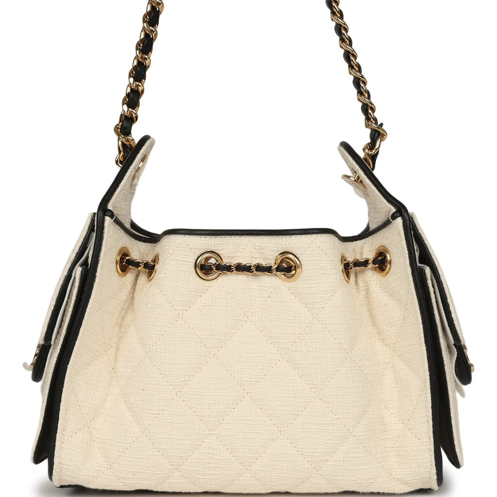 Chanel Mini 25 Hobo Bag Ecru Canvas and Black Calfskin Gold Hardware