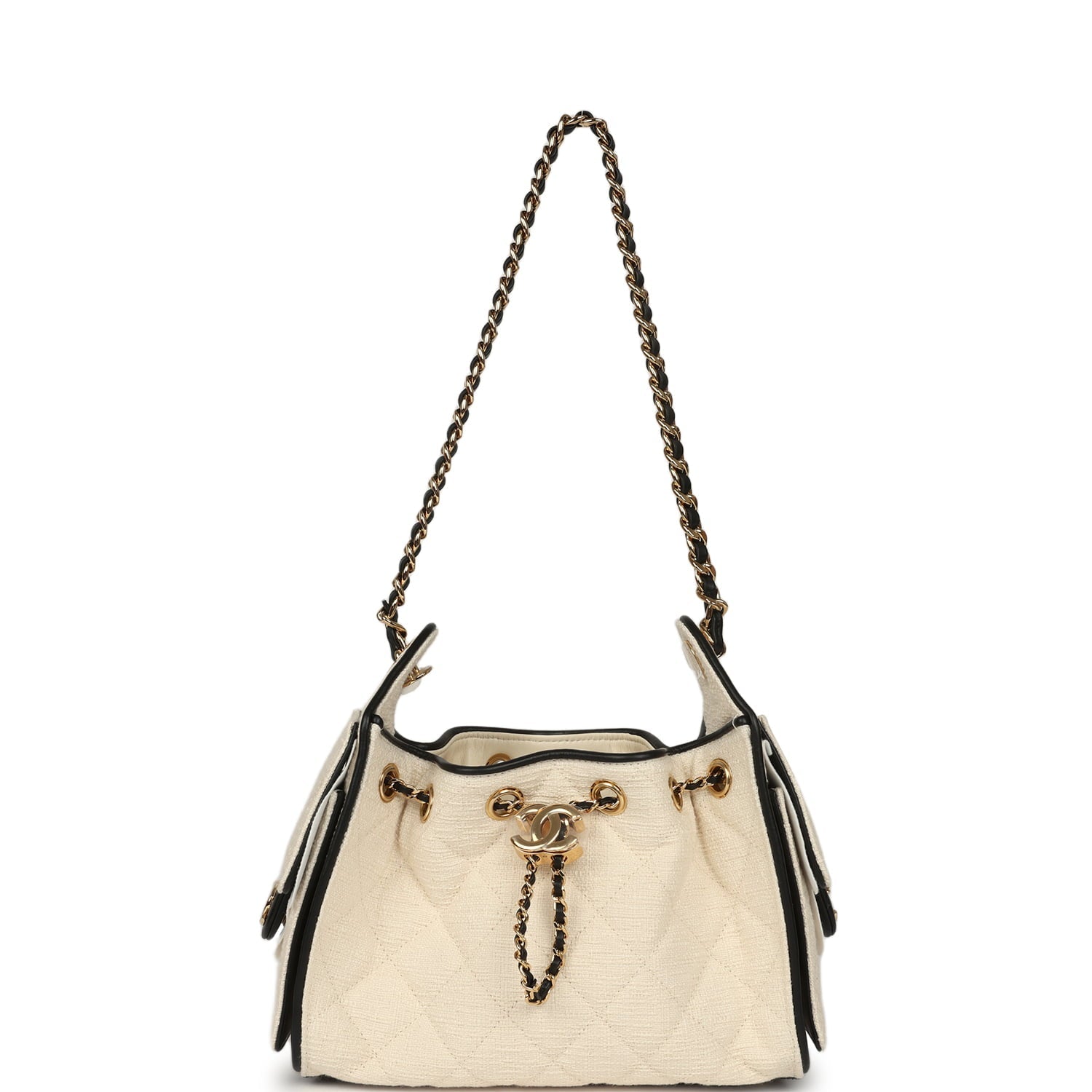 Chanel Mini 25 Hobo Bag Ecru Canvas and Black Calfskin Gold Hardware