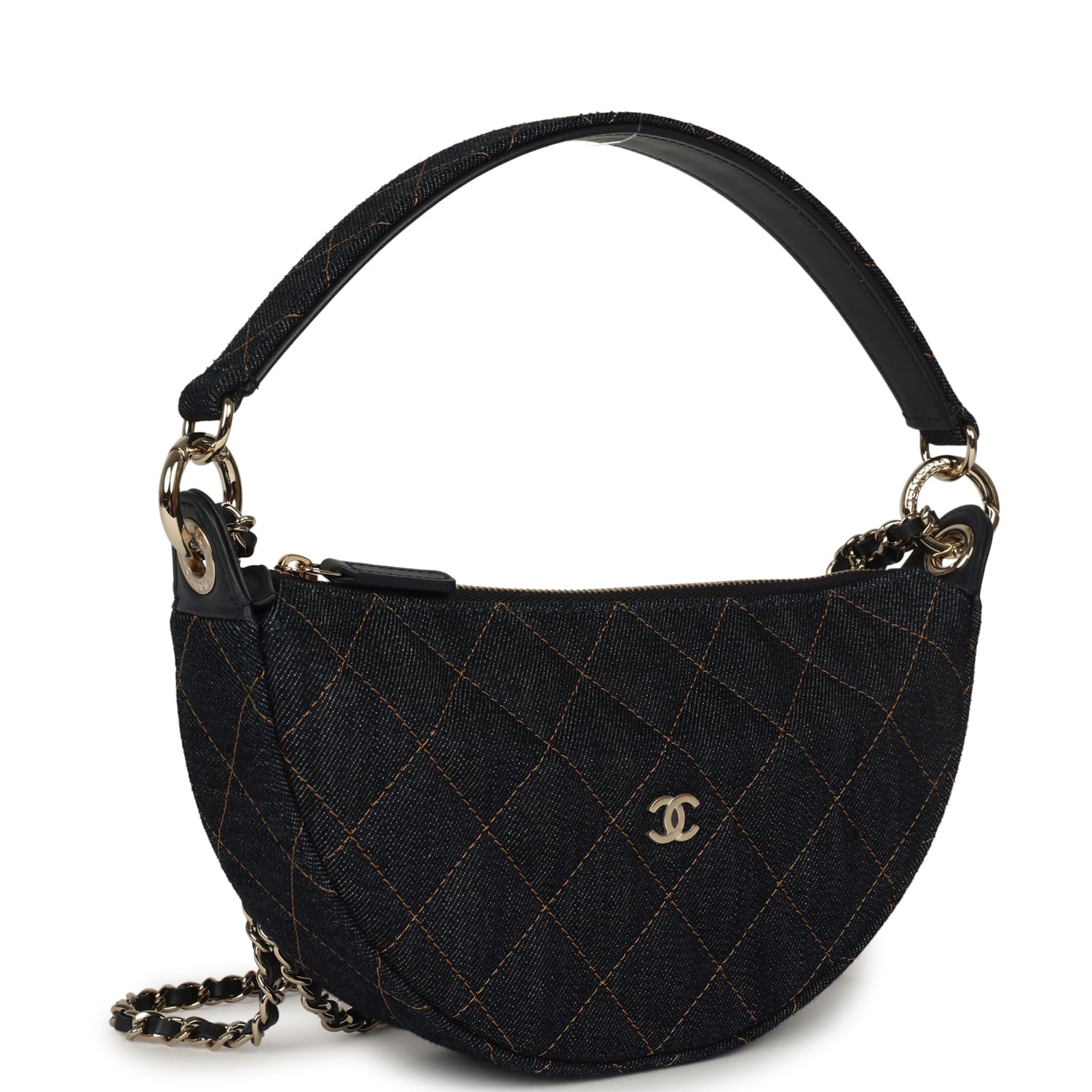 Chanel Round Clutch with Chain Dark Blue Denim Light Gold Hardware