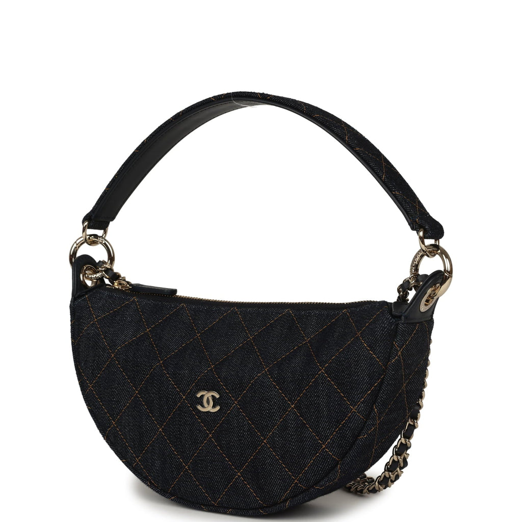 Chanel Round Clutch with Chain Dark Blue Denim Light Gold Hardware
