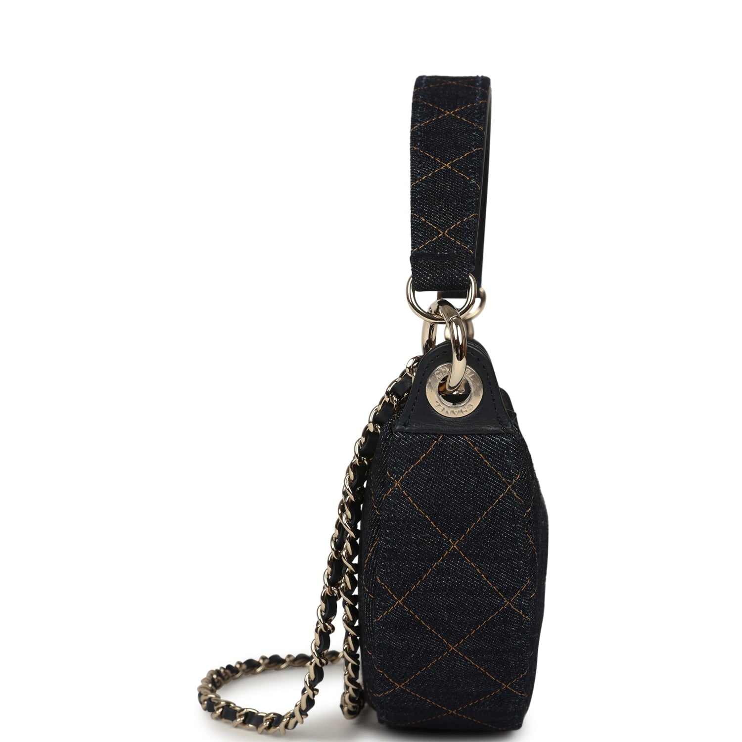 Chanel Round Clutch with Chain Dark Blue Denim Light Gold Hardware