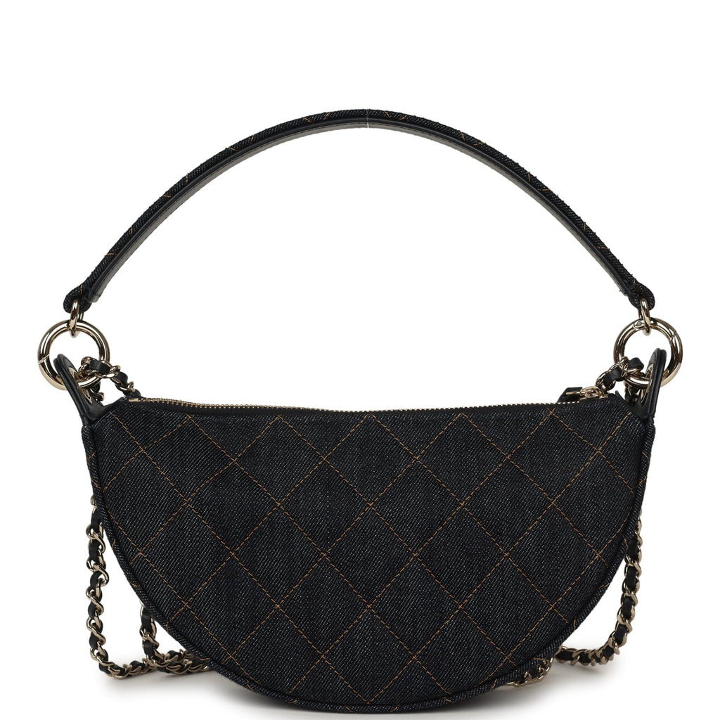 Chanel Round Clutch with Chain Dark Blue Denim Light Gold Hardware