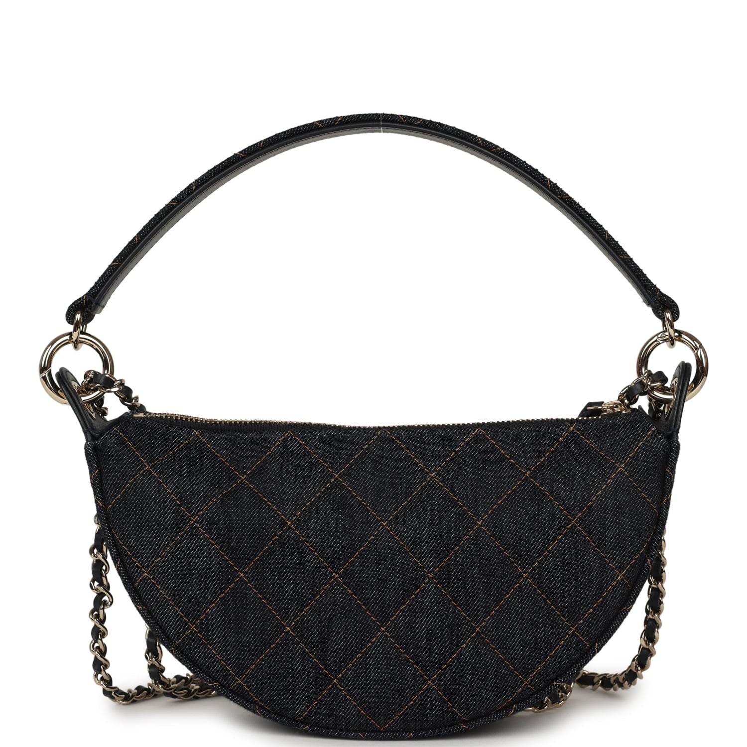 Chanel Round Clutch with Chain Dark Blue Denim Light Gold Hardware