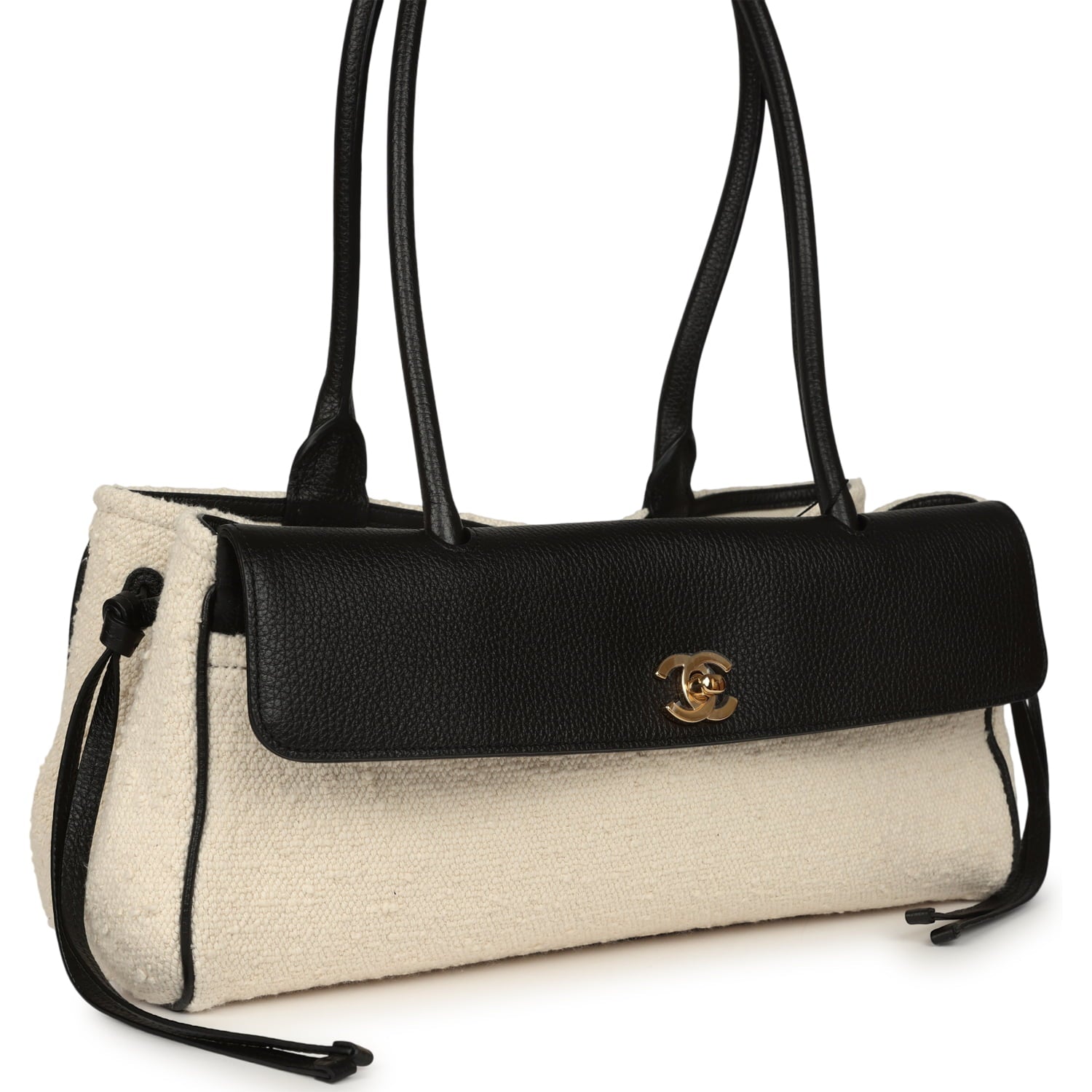 Chanel Small "Urban Essential" East West Shopping Tote Black Calfskin and White Tweed Boucle Gold Hardware