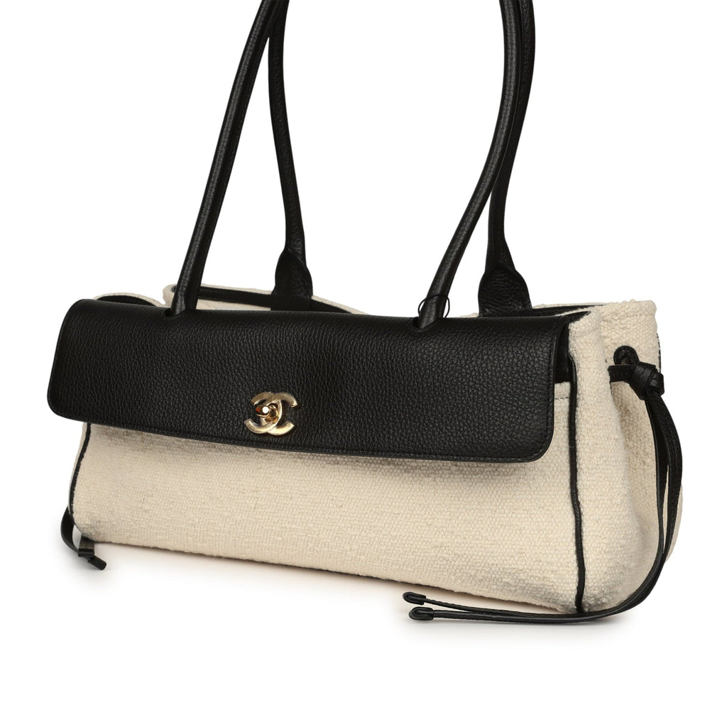 Chanel Small "Urban Essential" East West Shopping Tote Black Calfskin and White Tweed Boucle Gold Hardware