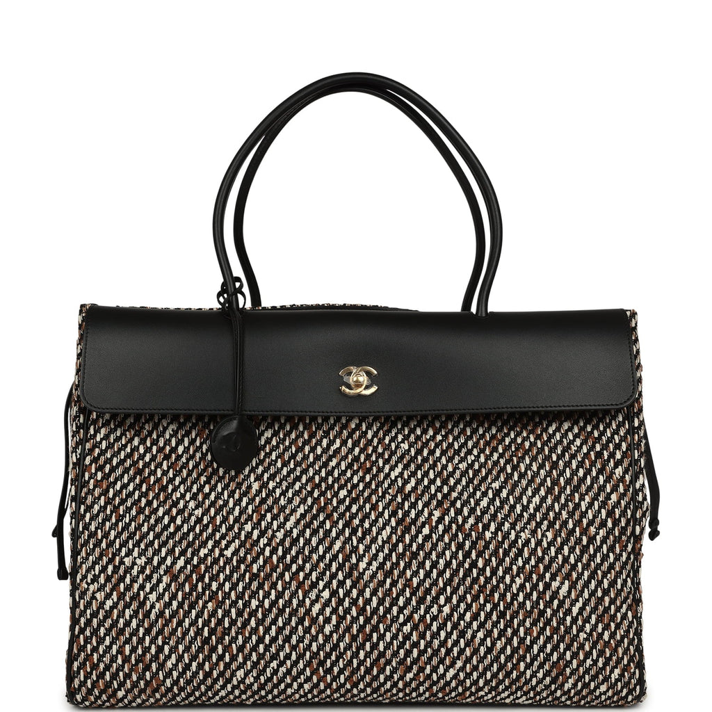 Chanel XXL "Urban Essential" Shopping Tote Black Calfskin and Multi Tweed Gold Hardware