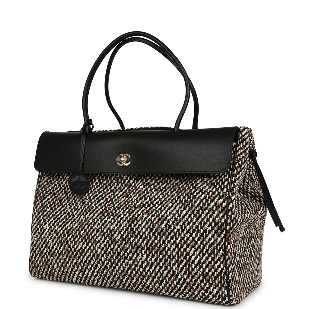 Chanel XXL "Urban Essential" Shopping Tote Black Calfskin and Multi Tweed Gold Hardware