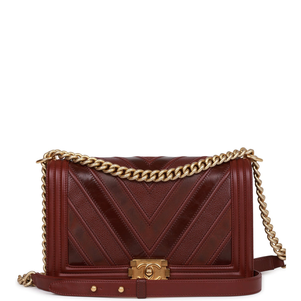 Pre-owned Chanel New Medium Boy Bag Burgundy Chevron Antique Gold Hardware