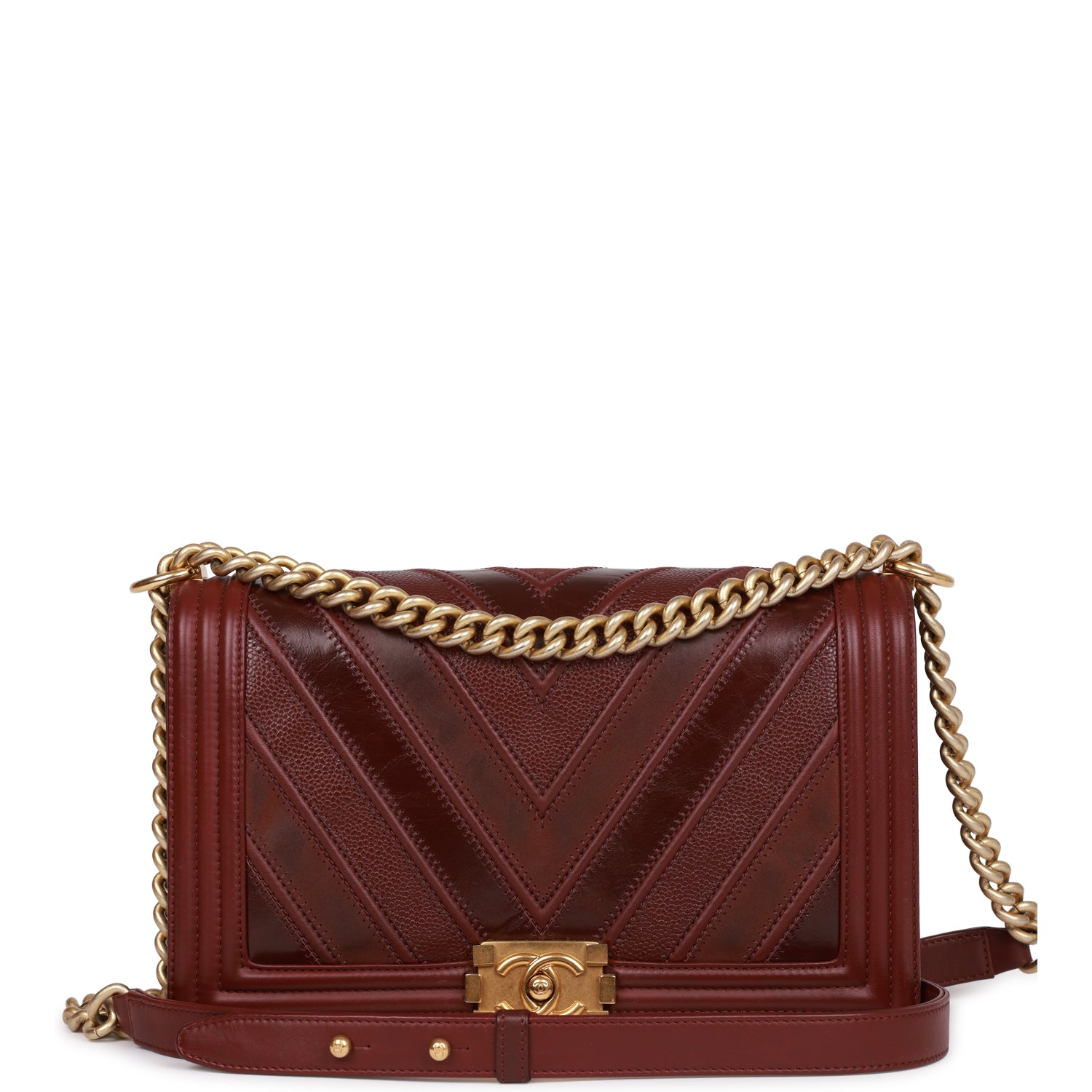 Pre-owned Chanel New Medium Boy Bag Burgundy Chevron Antique Gold Hardware