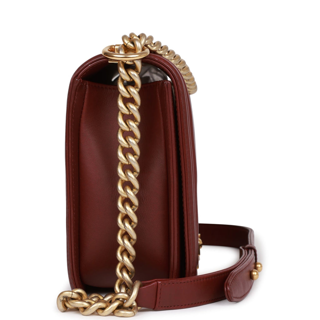 Pre-owned Chanel New Medium Boy Bag Burgundy Chevron Antique Gold Hardware