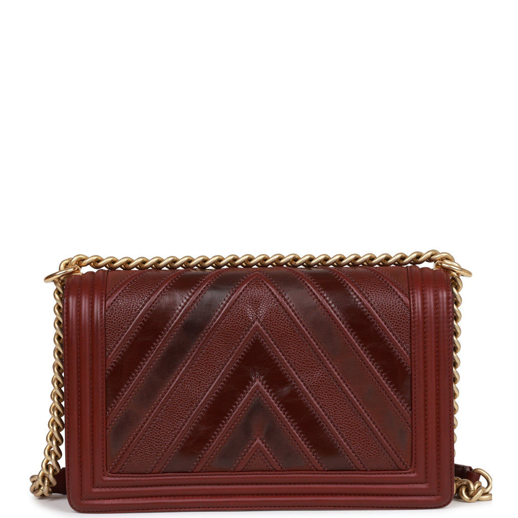 Pre-owned Chanel New Medium Boy Bag Burgundy Chevron Antique Gold Hardware