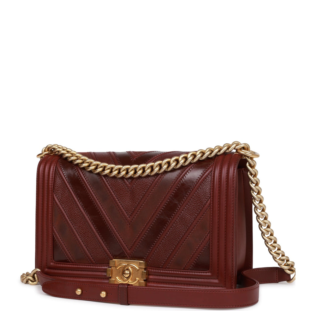 Pre-owned Chanel New Medium Boy Bag Burgundy Chevron Antique Gold Hardware