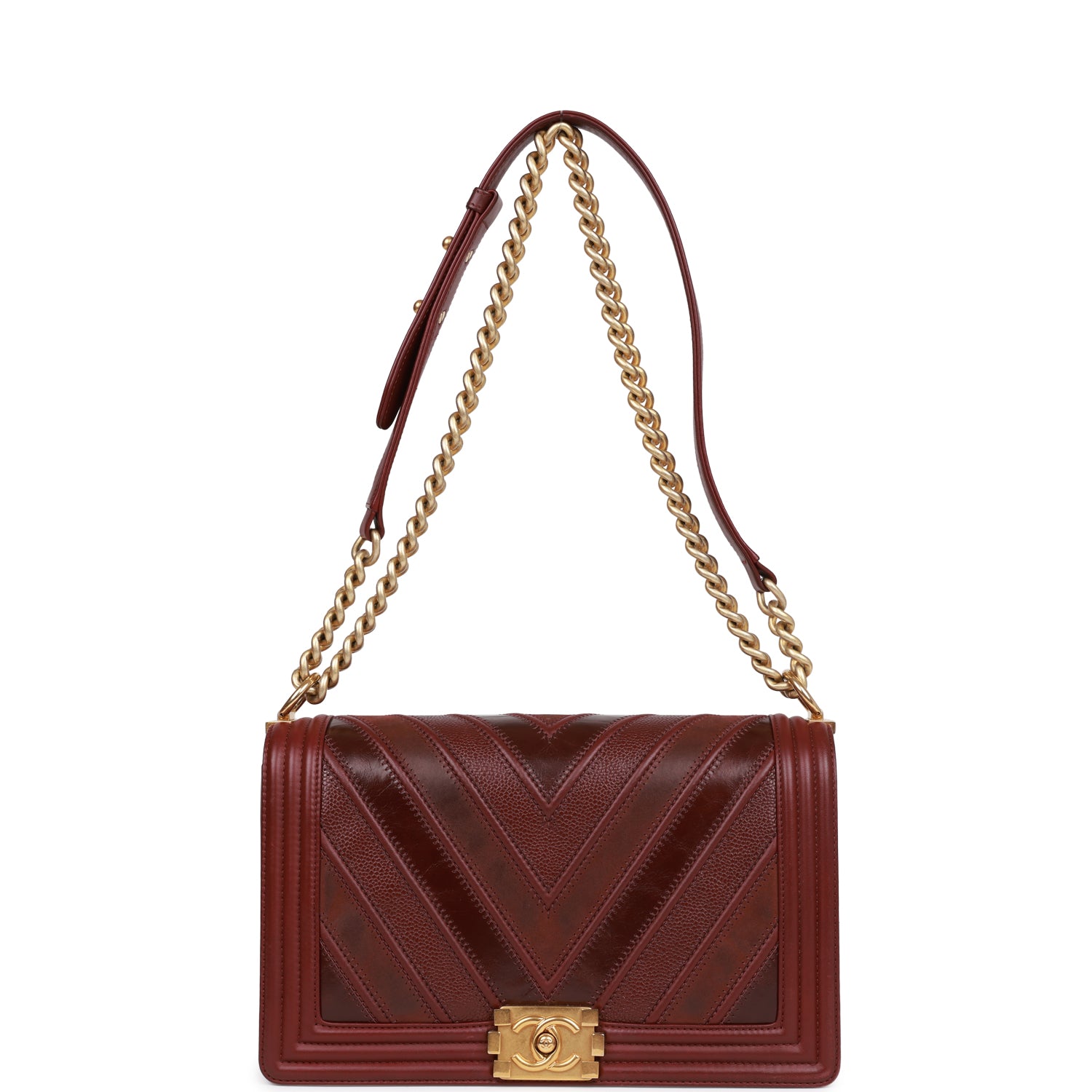 Pre-owned Chanel New Medium Boy Bag Burgundy Chevron Antique Gold Hardware