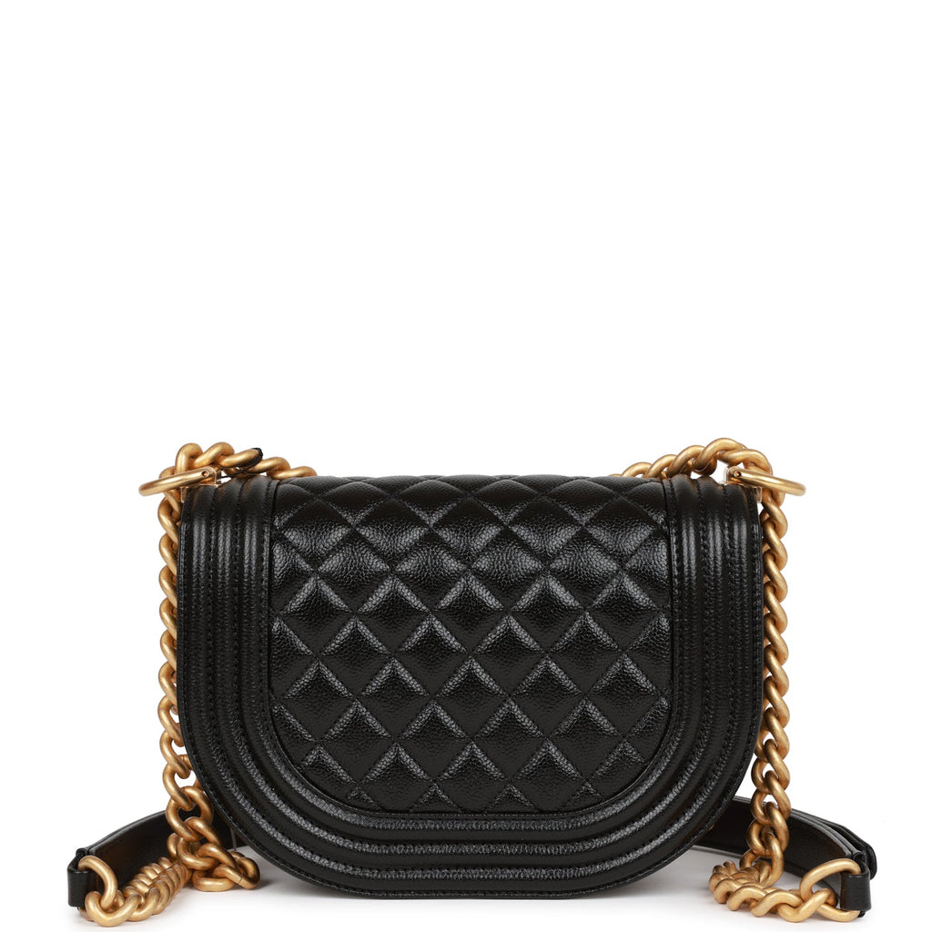 Chanel Small Boy Messenger Bag Black Caviar Antique Gold Hardware