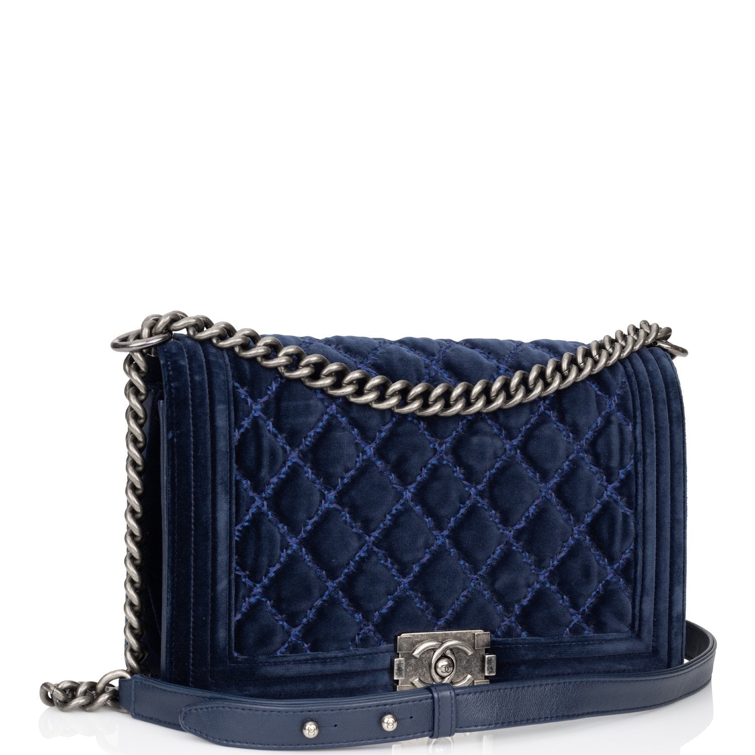Pre-owned Chanel Large Boy Bag Blue Velvet Ruthenium Hardware