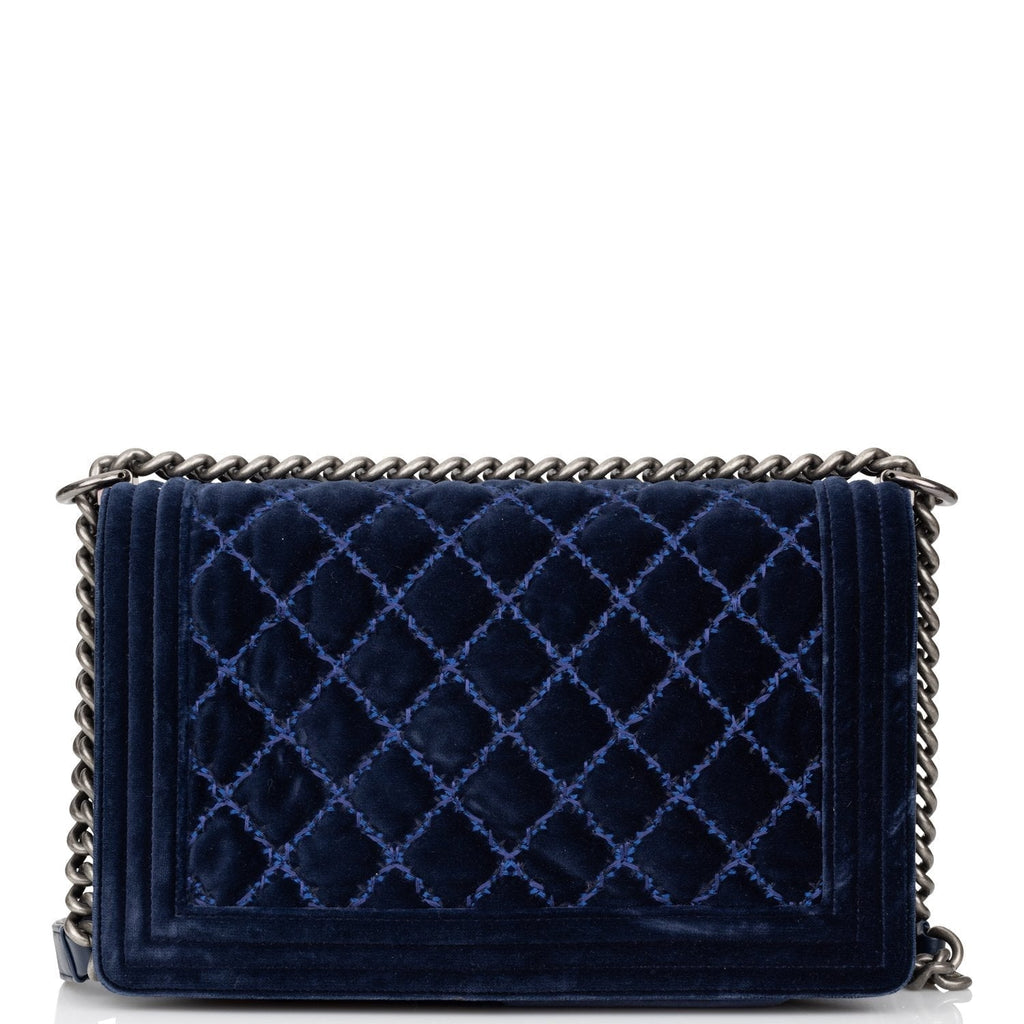 Pre-owned Chanel Large Boy Bag Blue Velvet Ruthenium Hardware