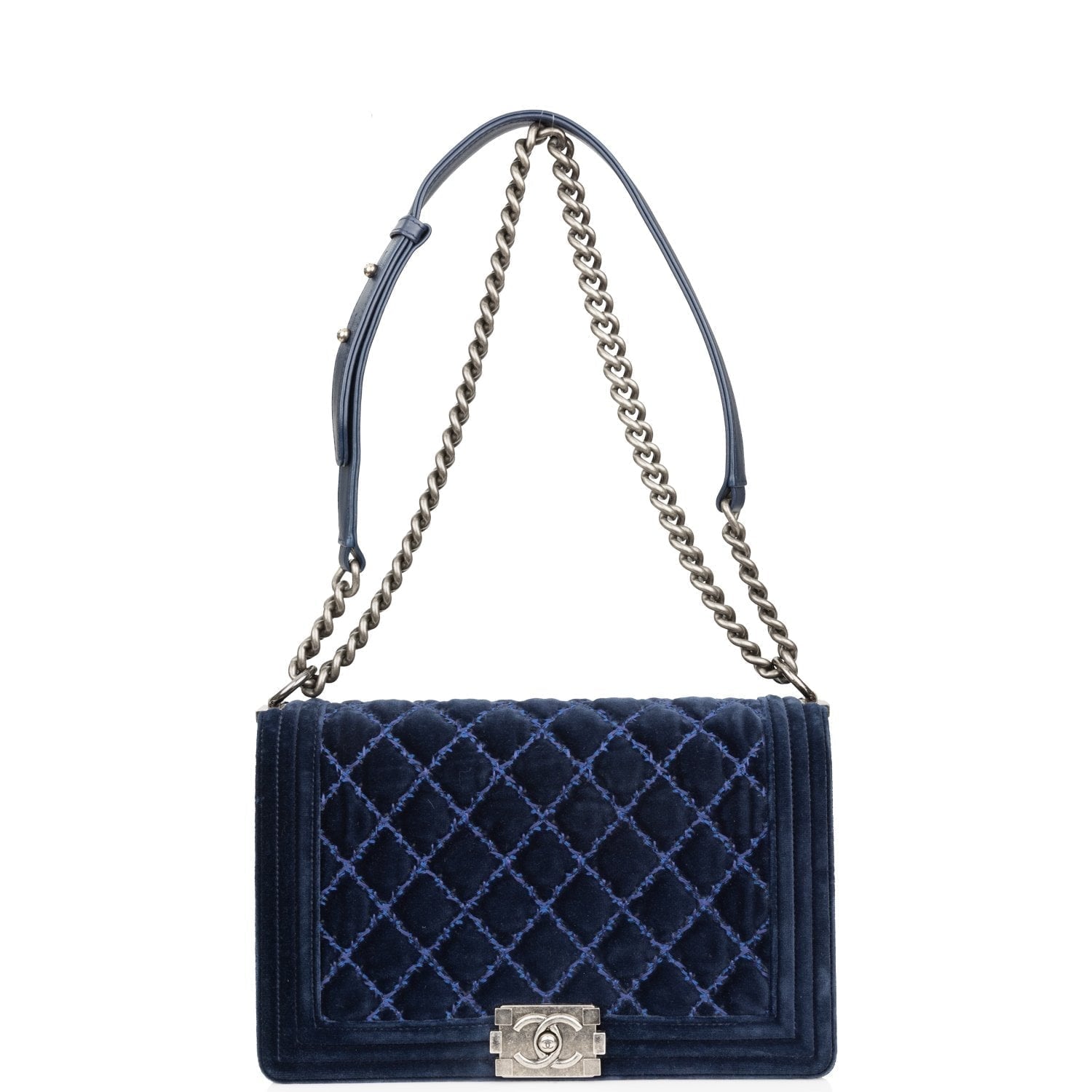 Pre-owned Chanel Large Boy Bag Blue Velvet Ruthenium Hardware