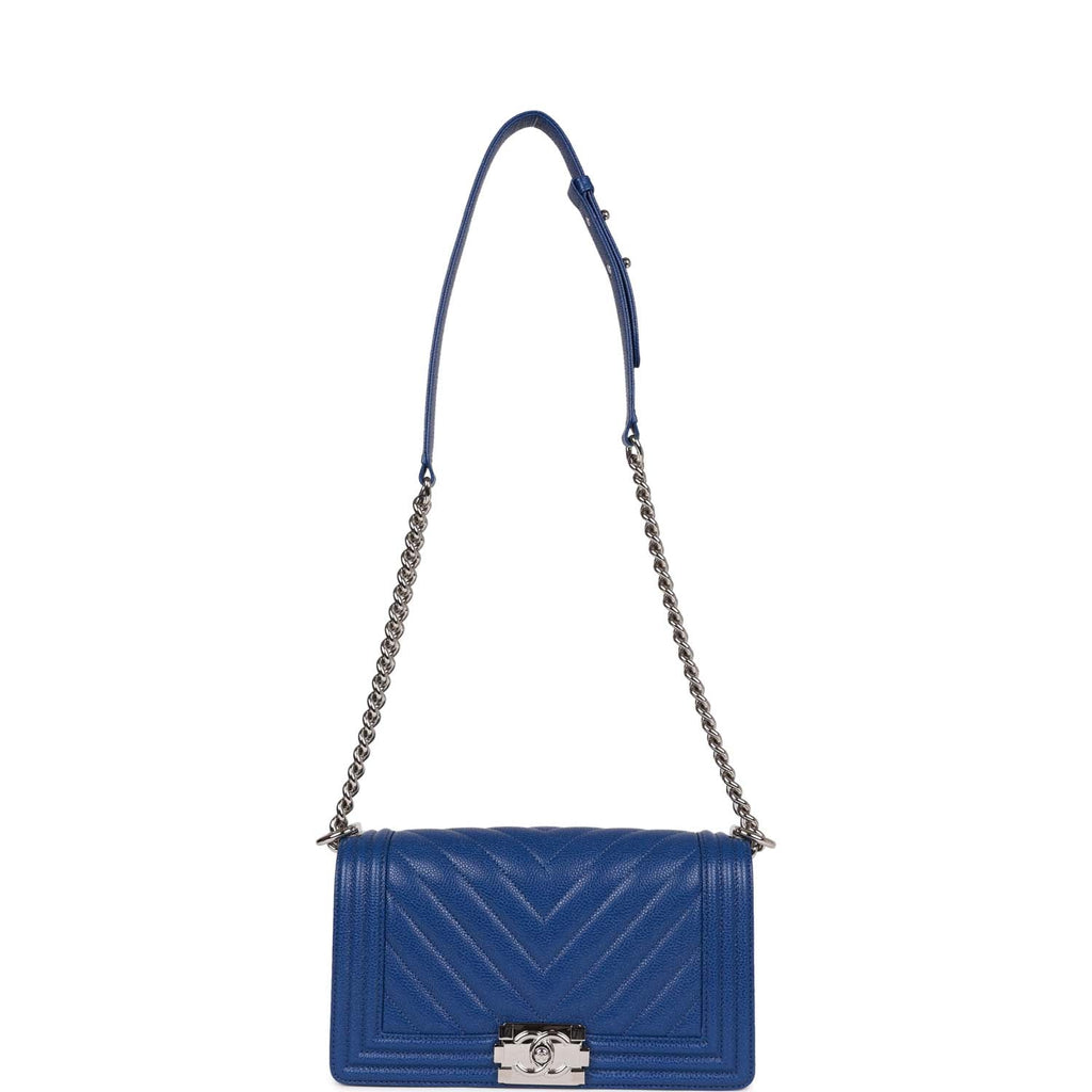 Chanel Medium Boy Bag Blue Chevron Caviar Silver Hardware