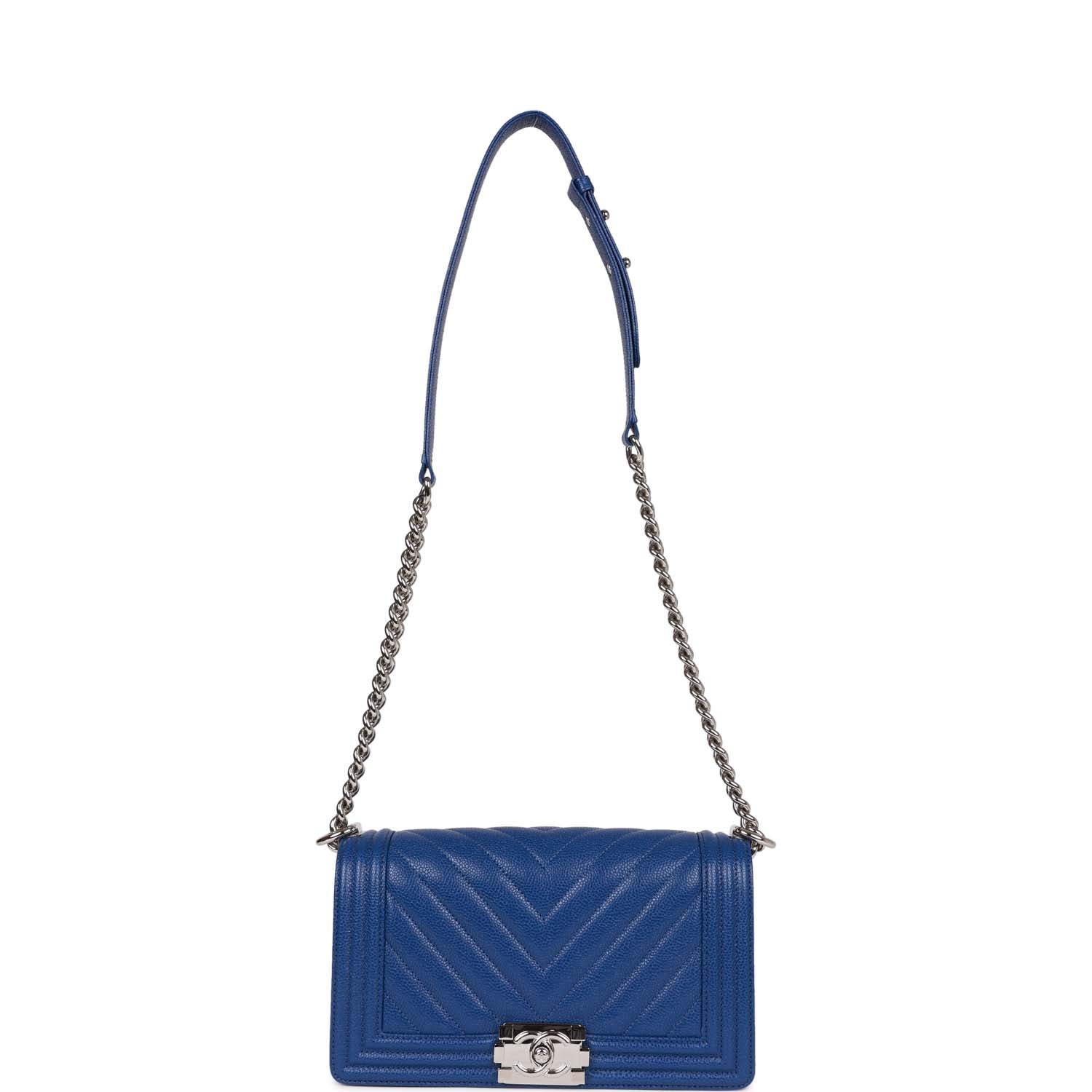 Chanel Medium Boy Bag Blue Chevron Caviar Silver Hardware