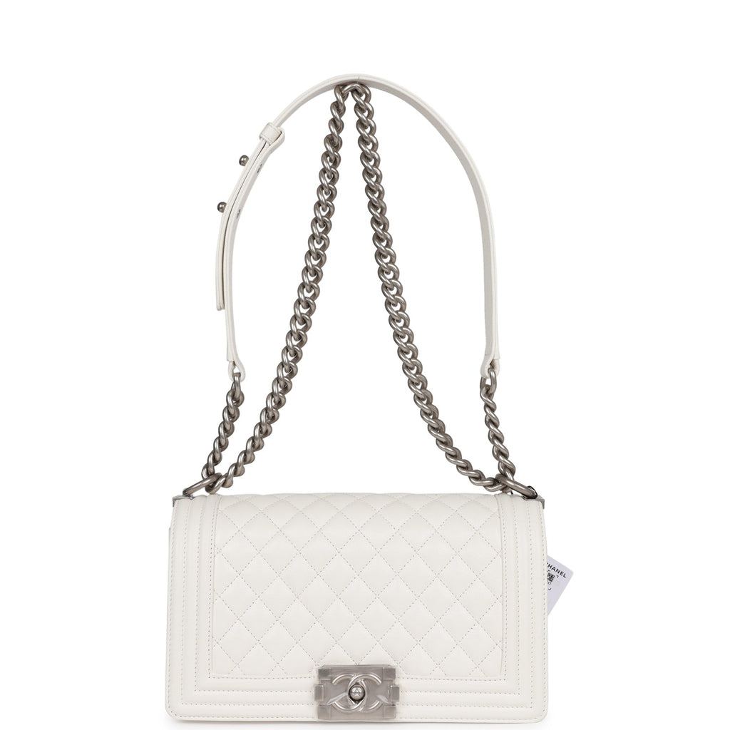Chanel Medium Boy Bag White Caviar Aged Silver Hardware