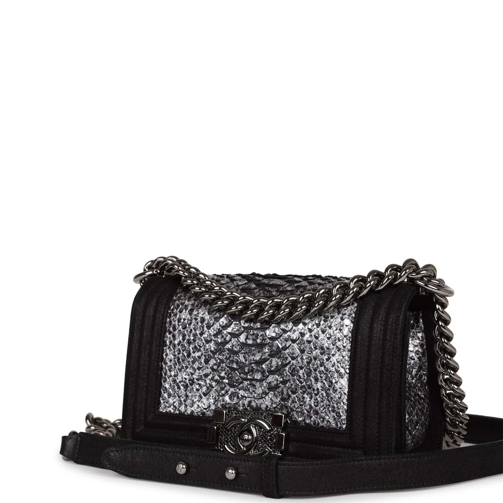 Pre-owned Chanel Small Boy Bag Black Suede and Silver Python Silver Hardware