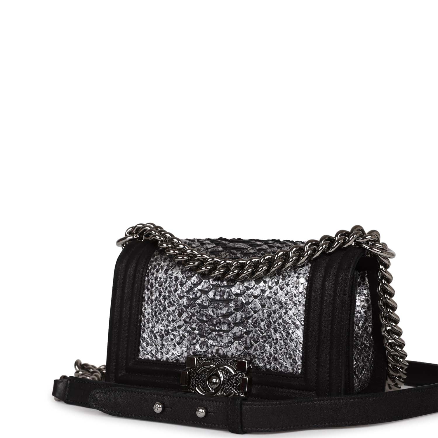 Pre-owned Chanel Small Boy Bag Black Suede and Silver Python Silver Hardware