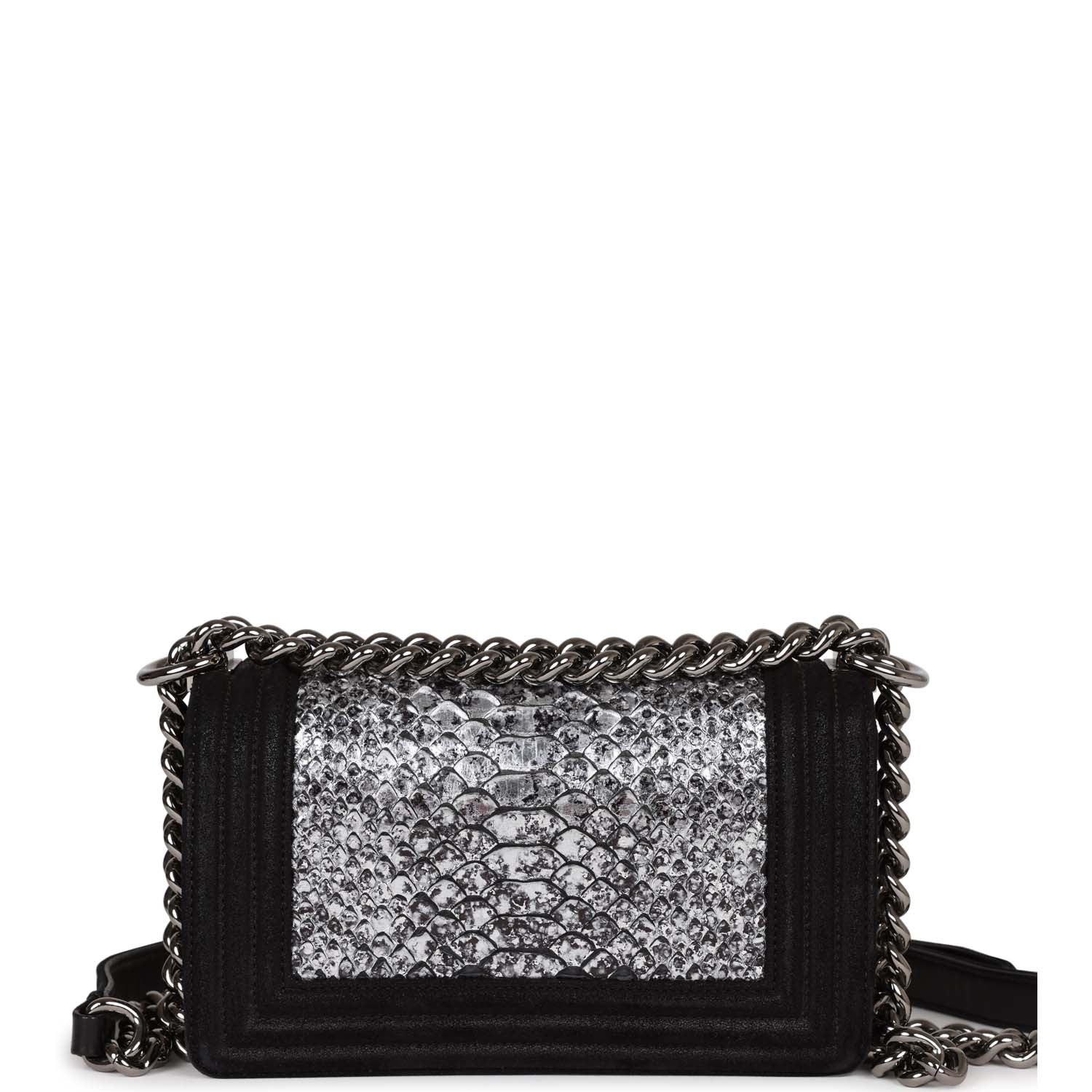 Pre-owned Chanel Small Boy Bag Black Suede and Silver Python Silver Hardware