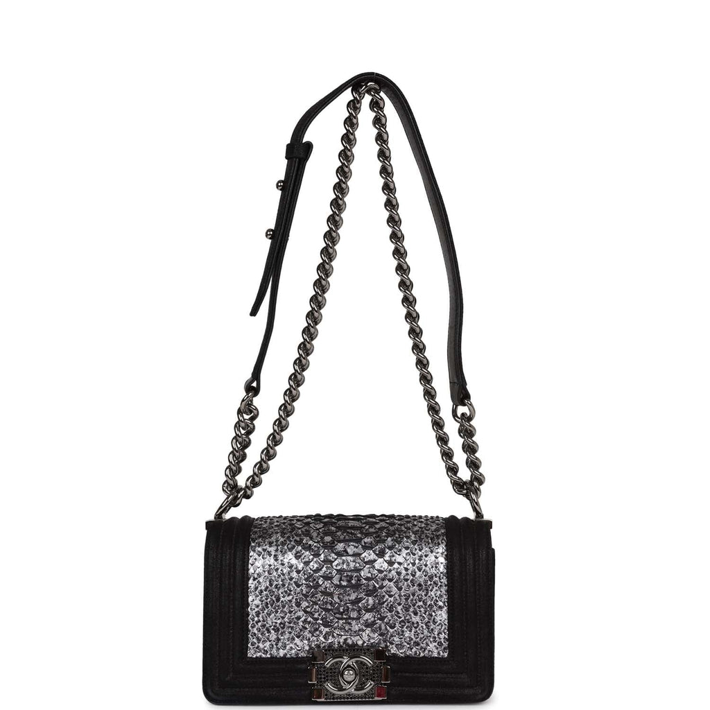 Pre-owned Chanel Small Boy Bag Black Suede and Silver Python Silver Hardware