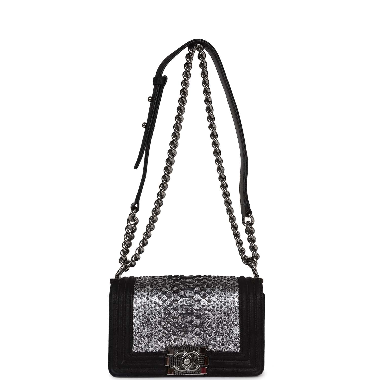 Pre-owned Chanel Small Boy Bag Black Suede and Silver Python Silver Hardware