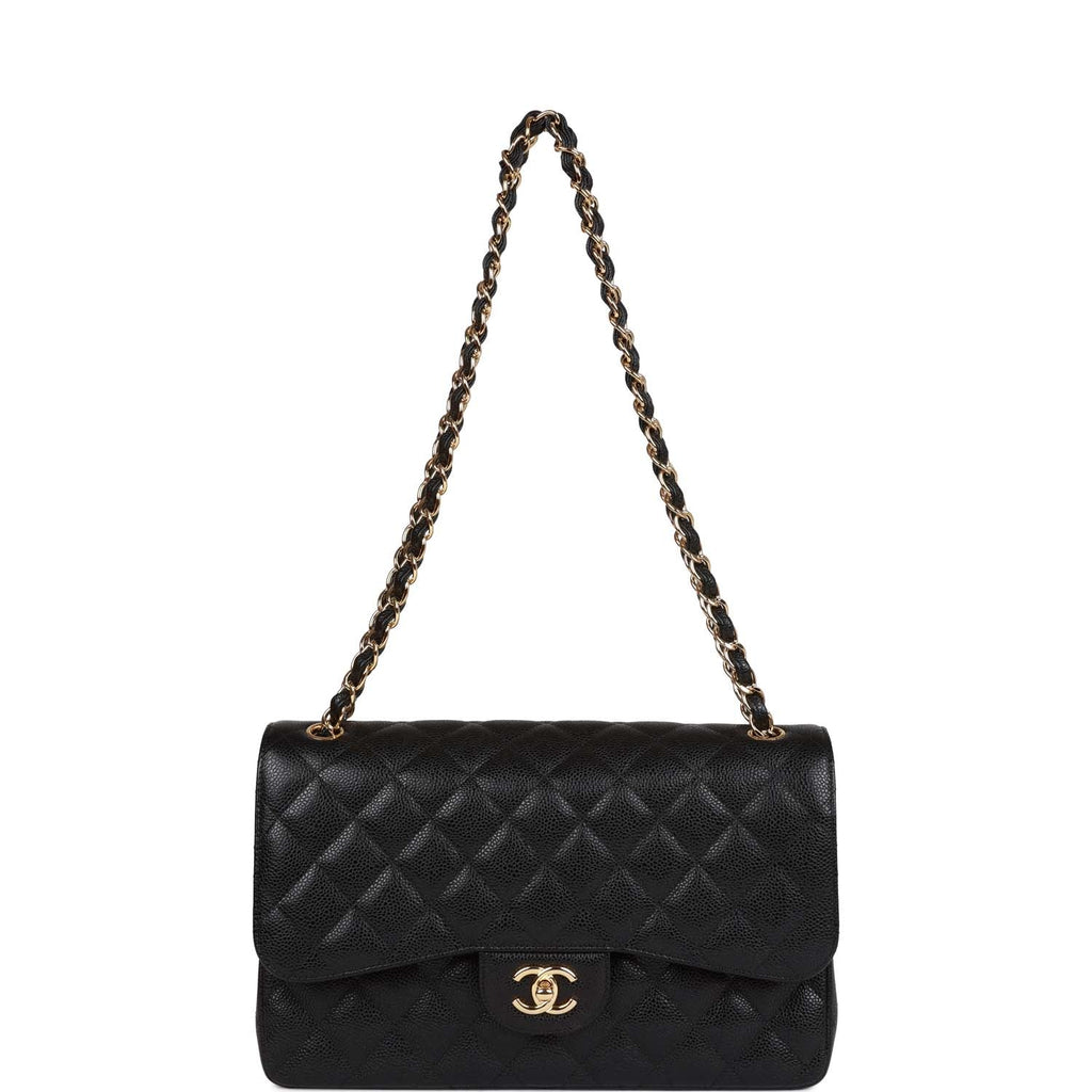 Pre-owned Chanel Jumbo Classic Double Flap Bag Black Caviar Gold Hardware
