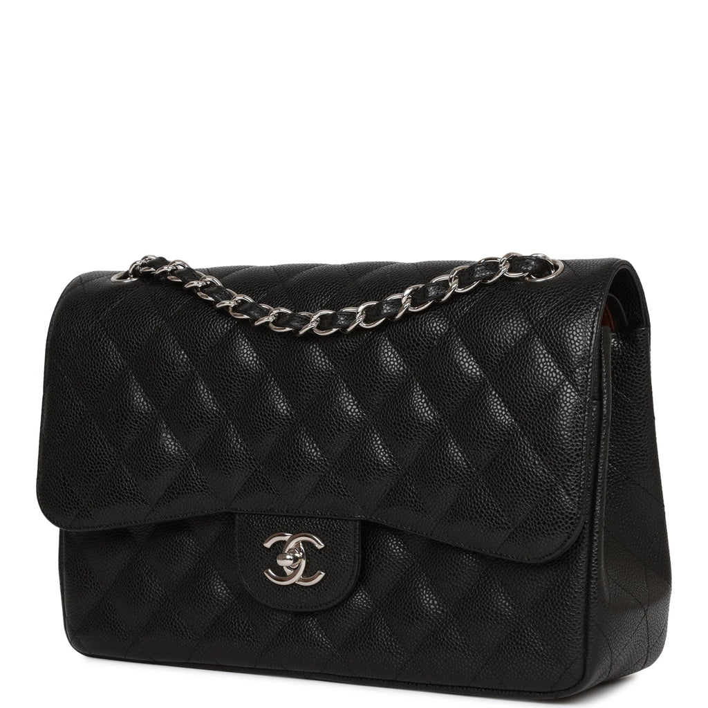 Pre-owned Chanel Jumbo Classic Double Flap Bag Black Caviar Silver Hardware