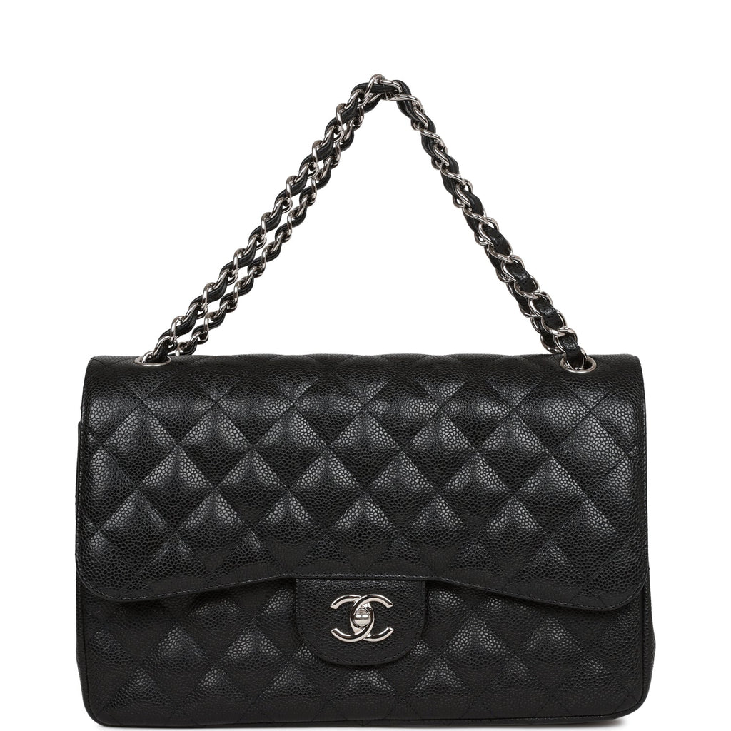 Pre-owned Chanel Jumbo Classic Double Flap Bag Black Caviar Silver Hardware