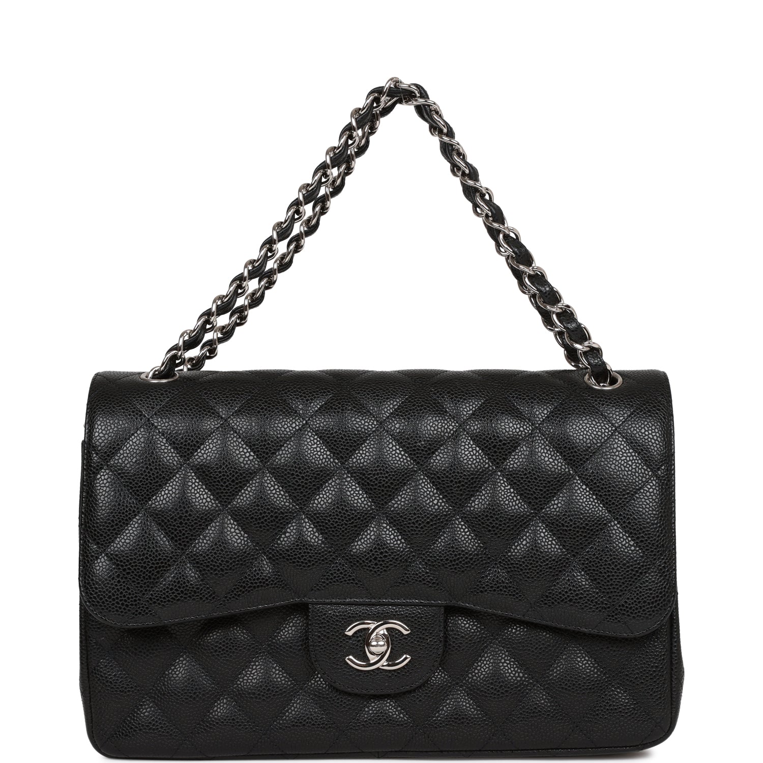 Pre-owned Chanel Jumbo Classic Double Flap Bag Black Caviar Silver Hardware