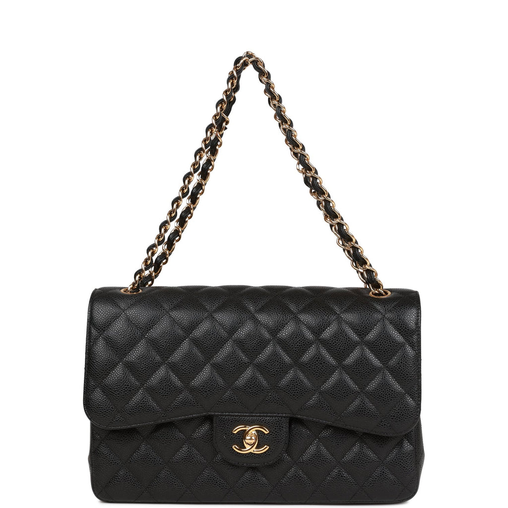 Pre-owned Chanel Jumbo Classic Double Flap Bag Black Caviar Gold Hardware