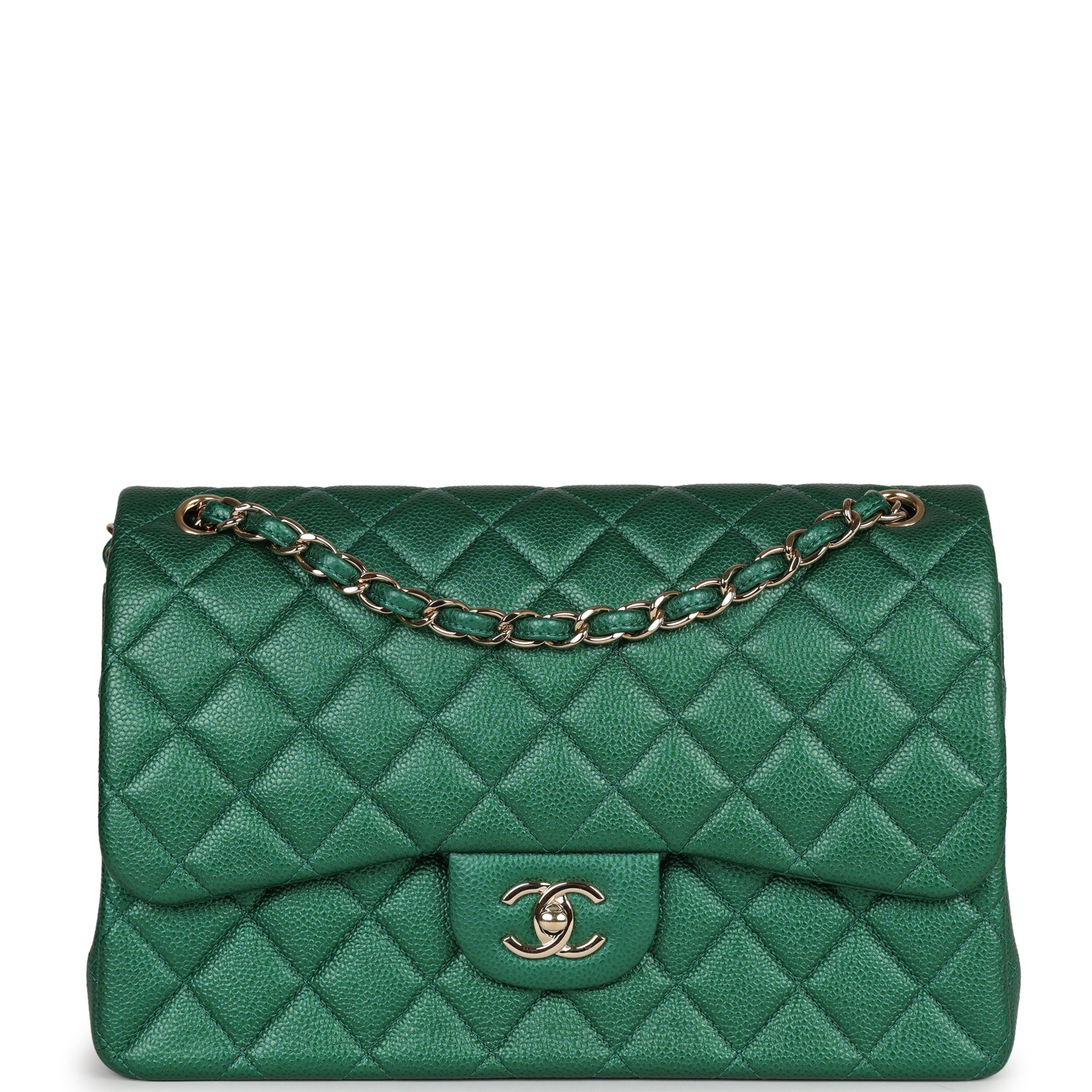 Pre-owned Chanel Jumbo Classic Double Flap Bag Emerald Green Caviar Light Gold Hardware