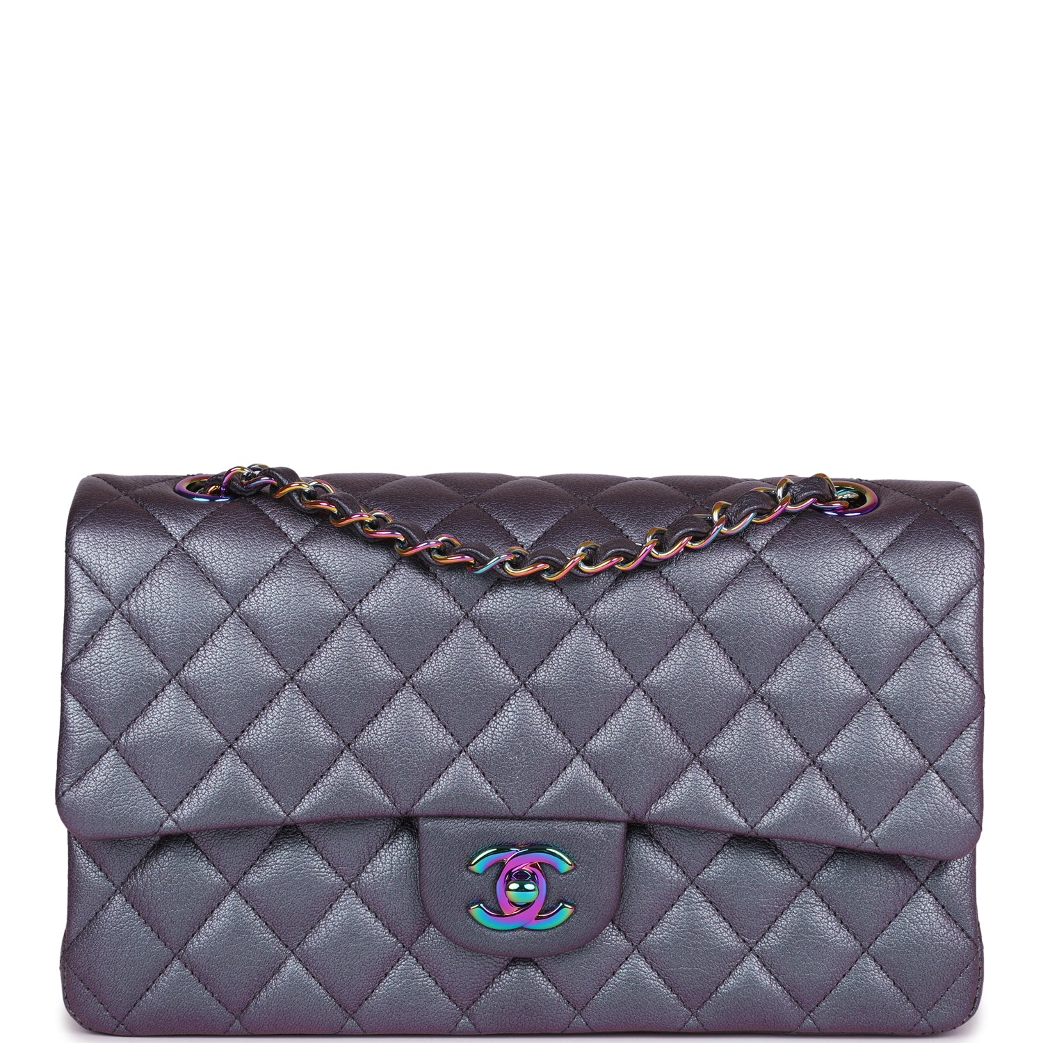 Pre-owned Chanel Medium Classic Double Flap Bag Iridescent Purple Mermaid Goatskin Rainbow Hardware